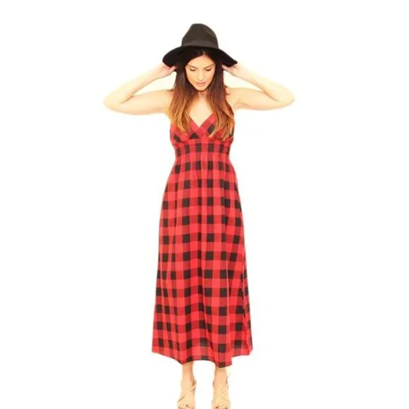 She's Cool - Buffalo Check Bra Cup Midi Dress - Red/ Black Buff - Picture 2 of 7